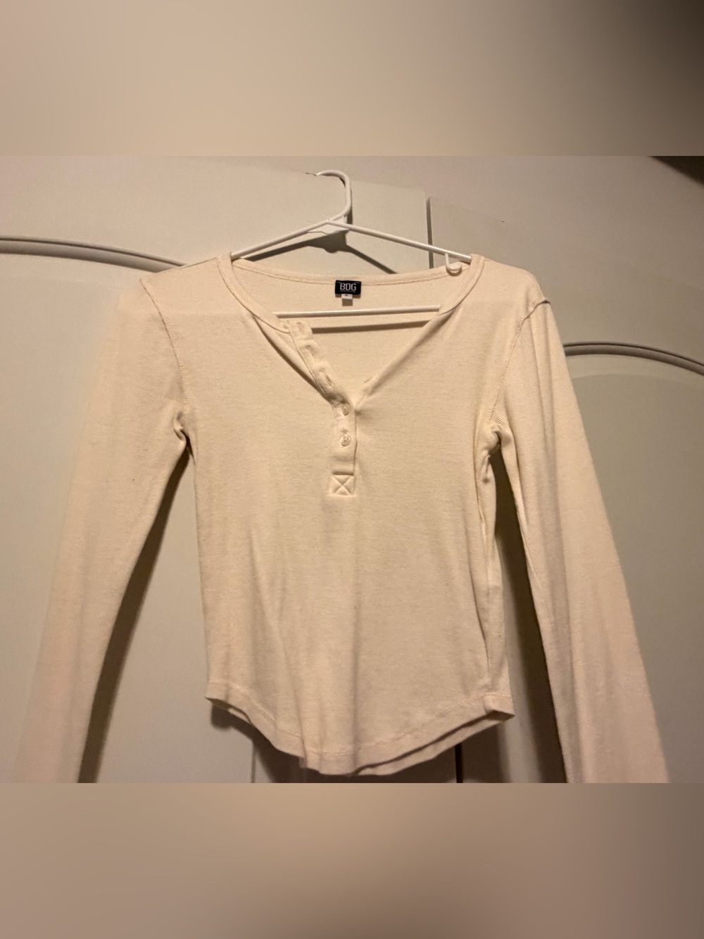 BDG Cream Ribbed Long-Sleeve Henley Top - Crop Length